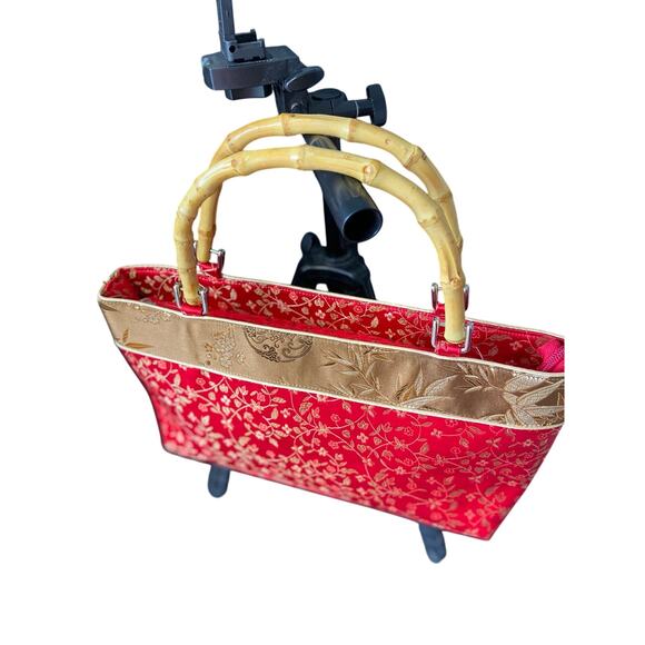 Women Fashion Red Bamboo Floral Handle Bag Purse Vintage Embroidered Silk Style - Picture 3 of 5